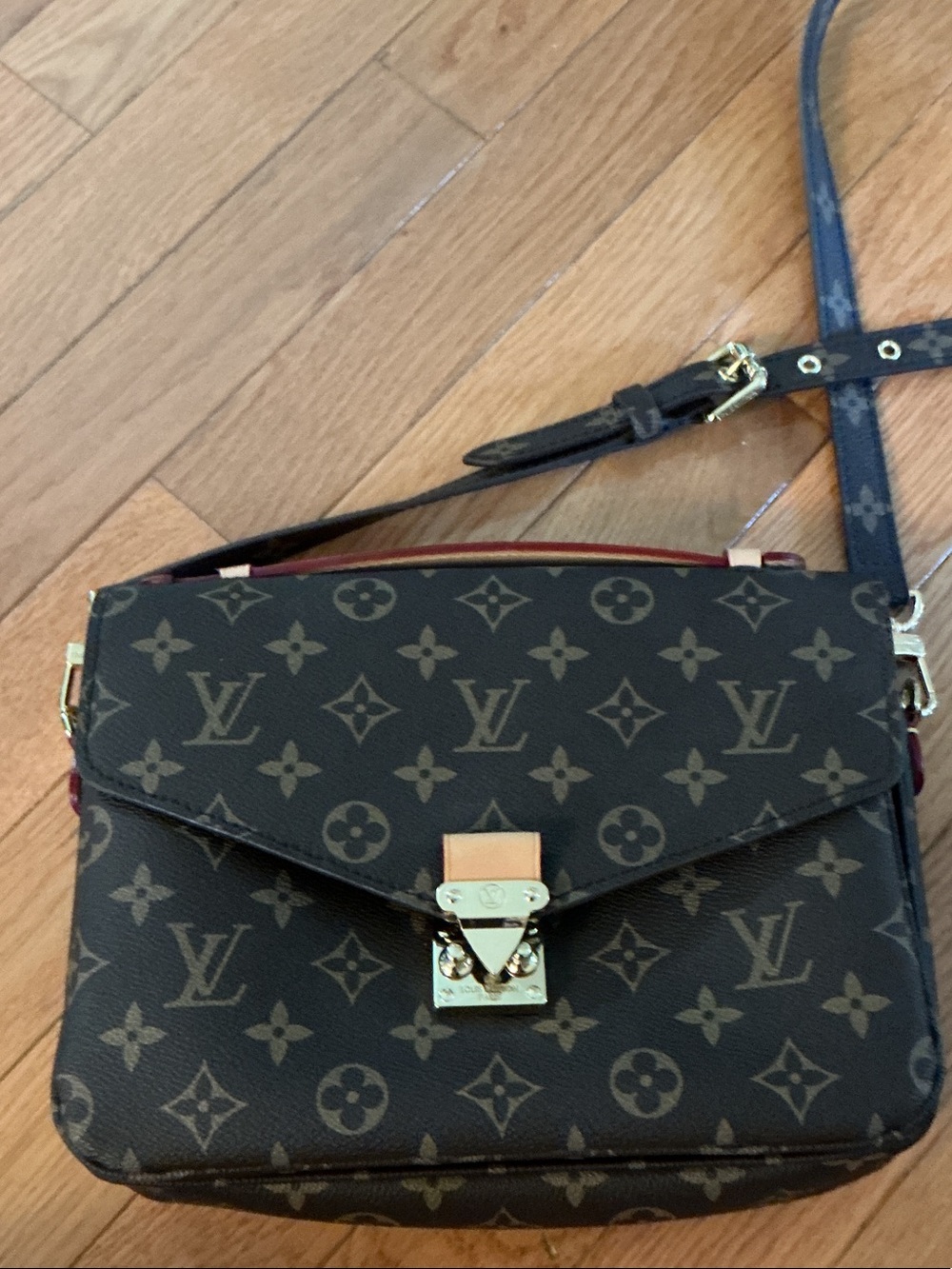 Louis Vuitton Monogram Crossbody Bag with Gold Hardware and Burgundy Trim